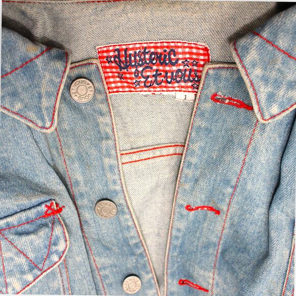 Vtg M/L HystericEtVous Crop Denim JeanJacket Western Gingham Red Cowgirl Light - Picture 14 of 14